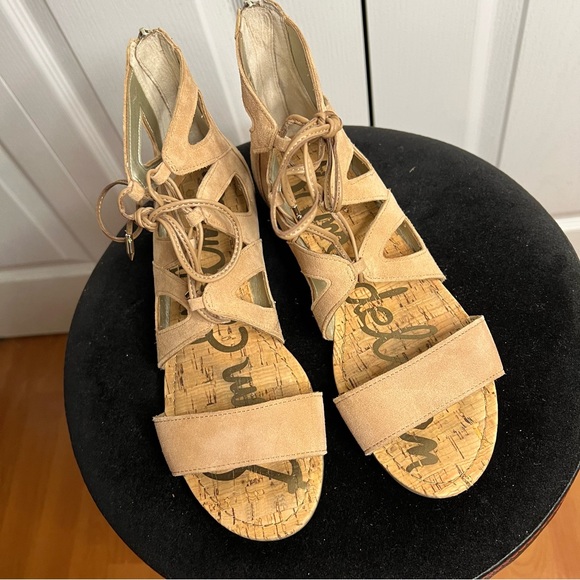 Sam Edelman Dean Beige Suede Demi Wedge Caged Sandal SZ 8 Cork Strappy - Picture 8 of 13